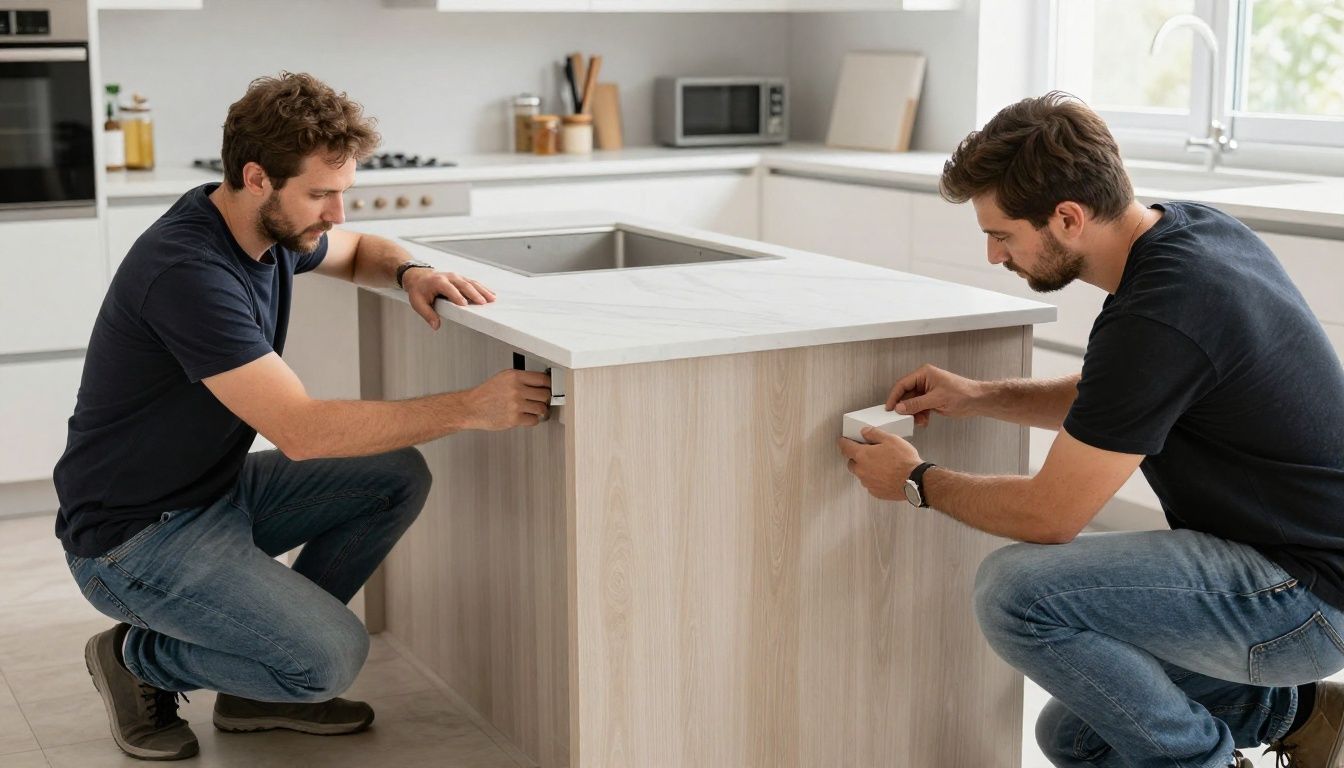 Installers adjusting the leveling blocks under a custom kitchen island cabinet base