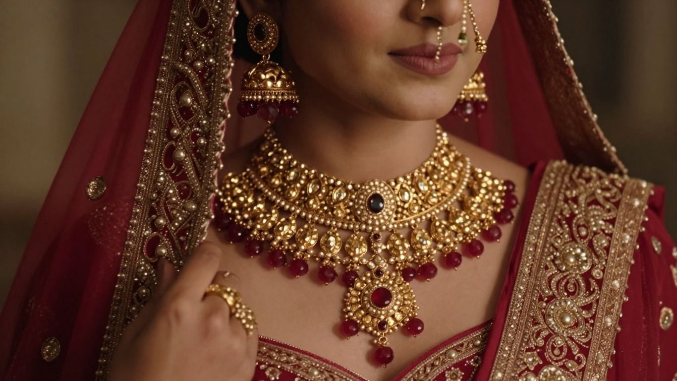 A bride wearing traditional gold jewellery with complex designs.