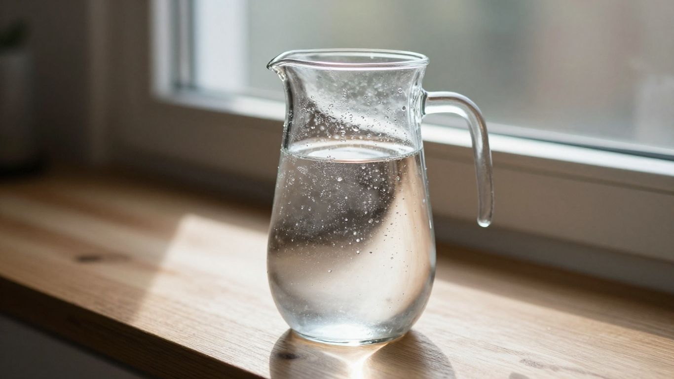 Vattenkanna med droppar på träbänk.