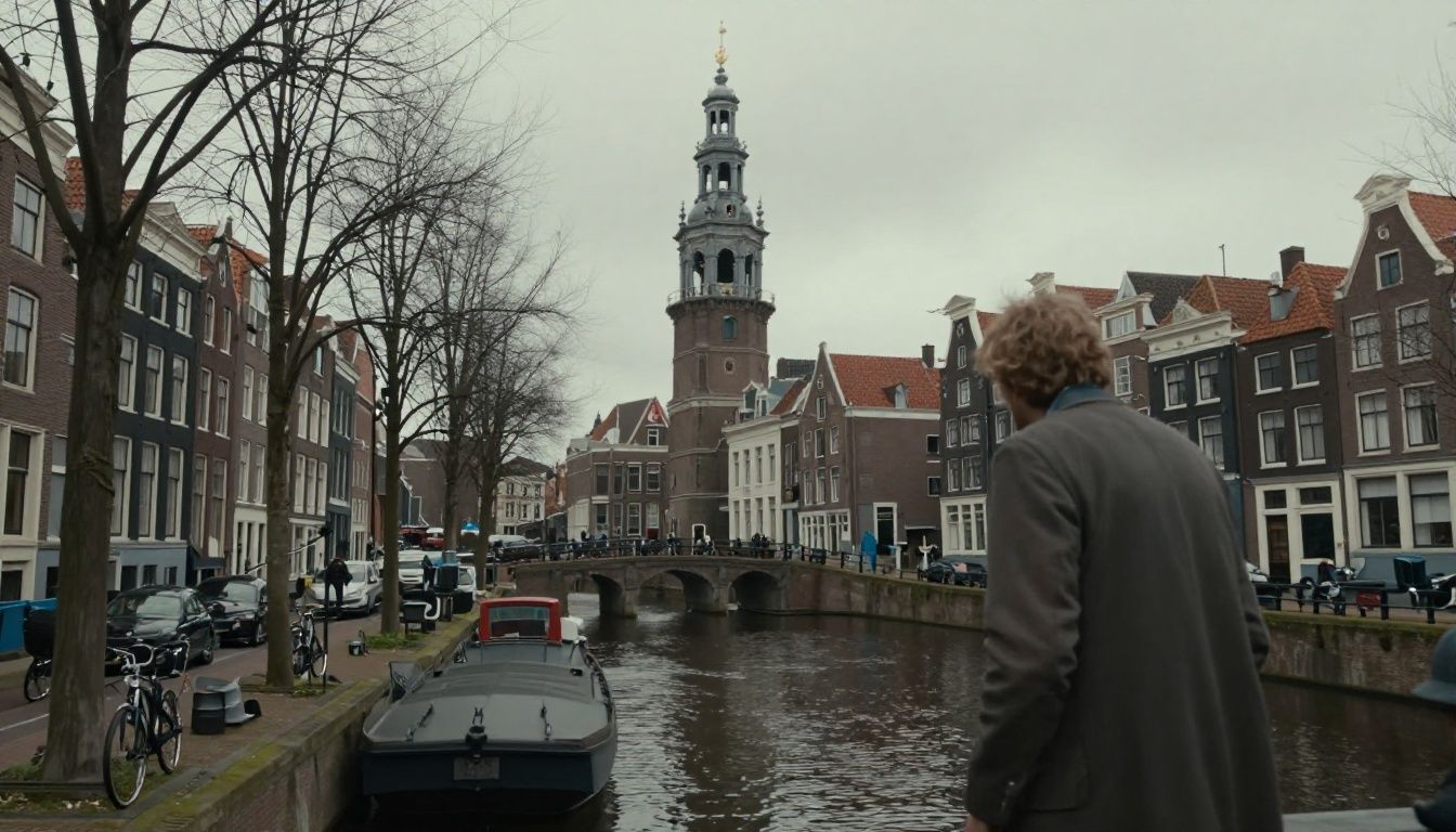 Conceito de jogo de ação e aventura em uma Amsterdam histórica, com canais, telhados e uma figura misteriosa observando a cidade