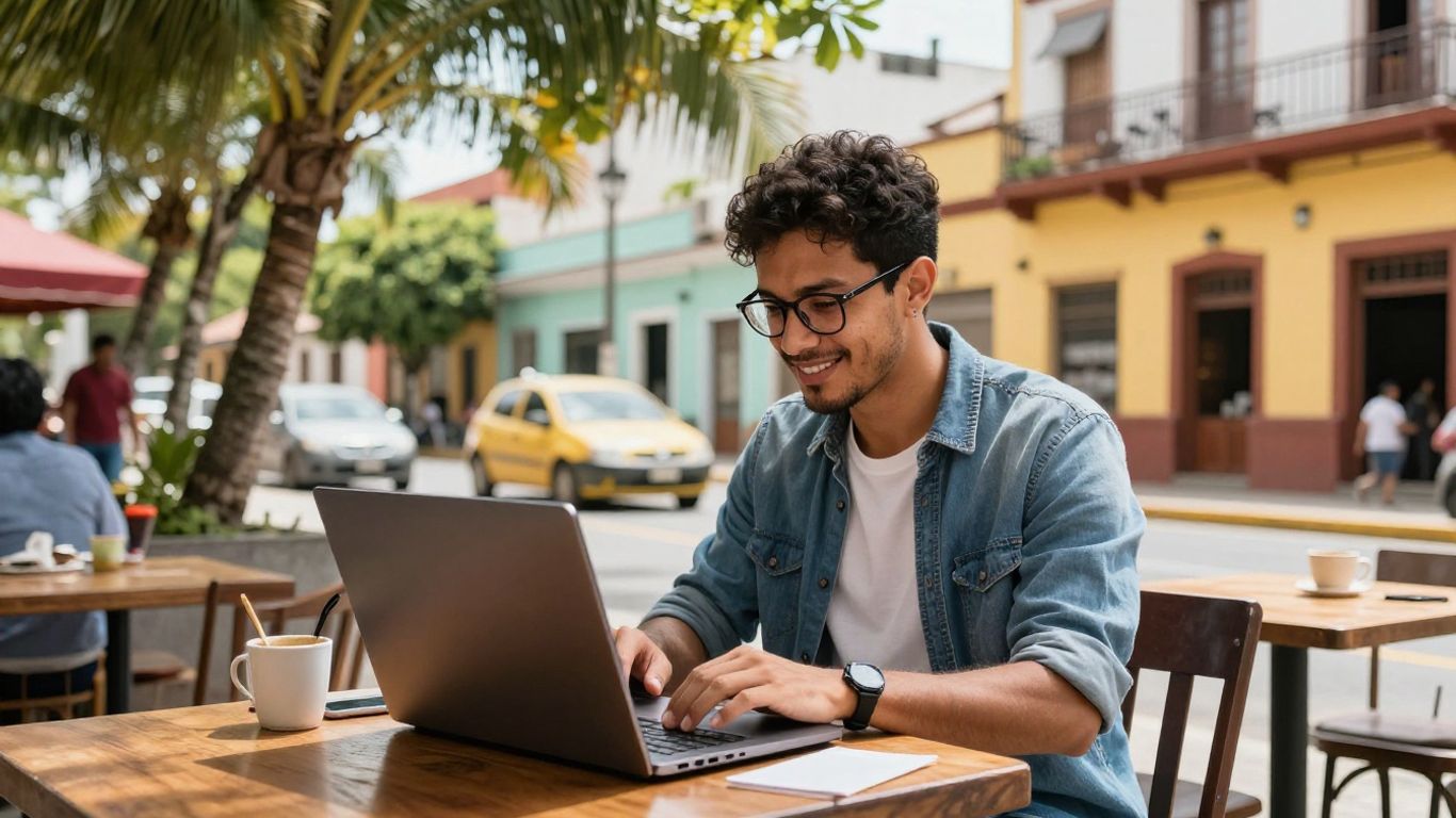 Digital nomad working outdoors in South America.