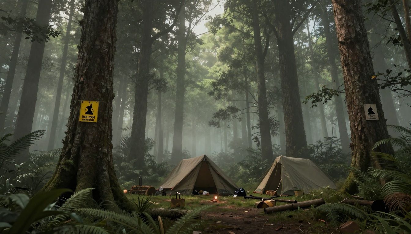 Floresta densa de The Forest ao entardecer, com um acampamento improvisado, árvores altas e sinais de perigo entre a névoa