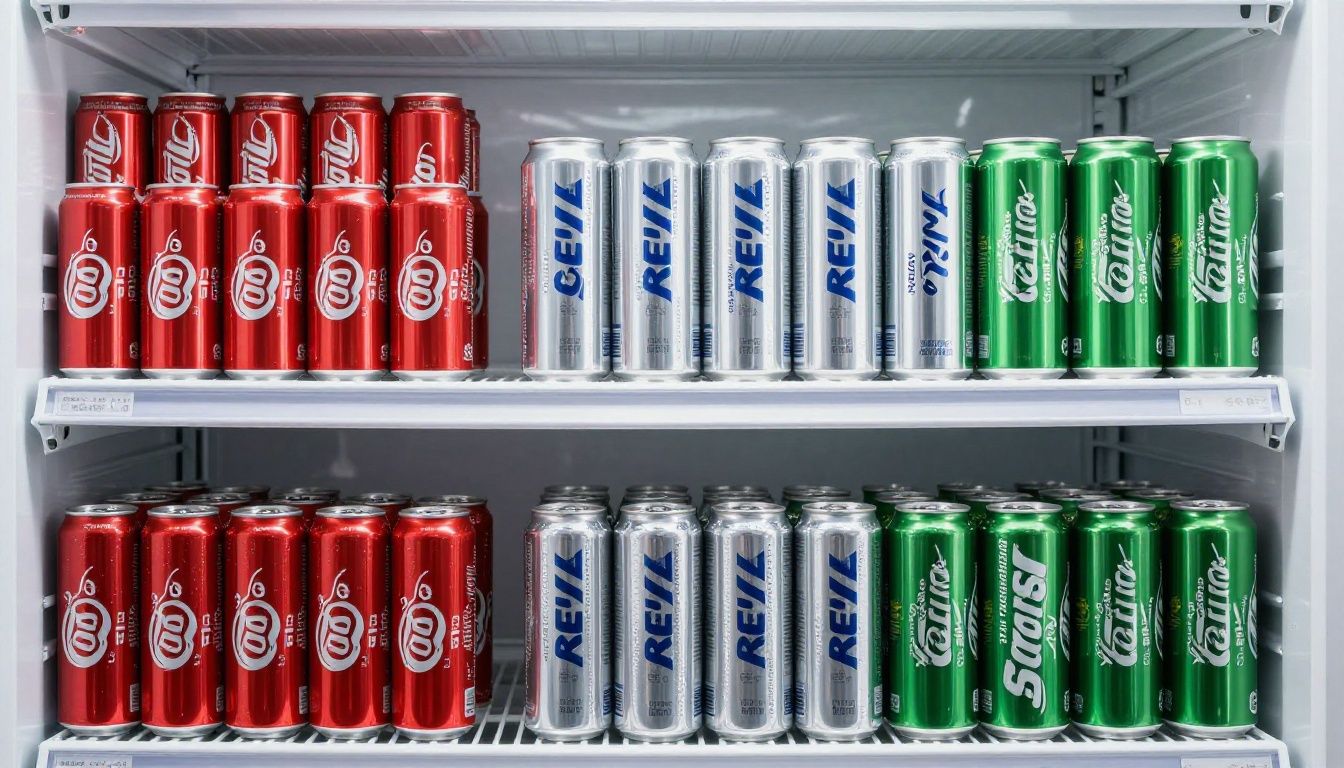 A wide shot of a commercial cooler shelf with neat blocks of different colored cans: a block of red soda cans, a block of silver energy drink cans, and a block of green seltzer cans.