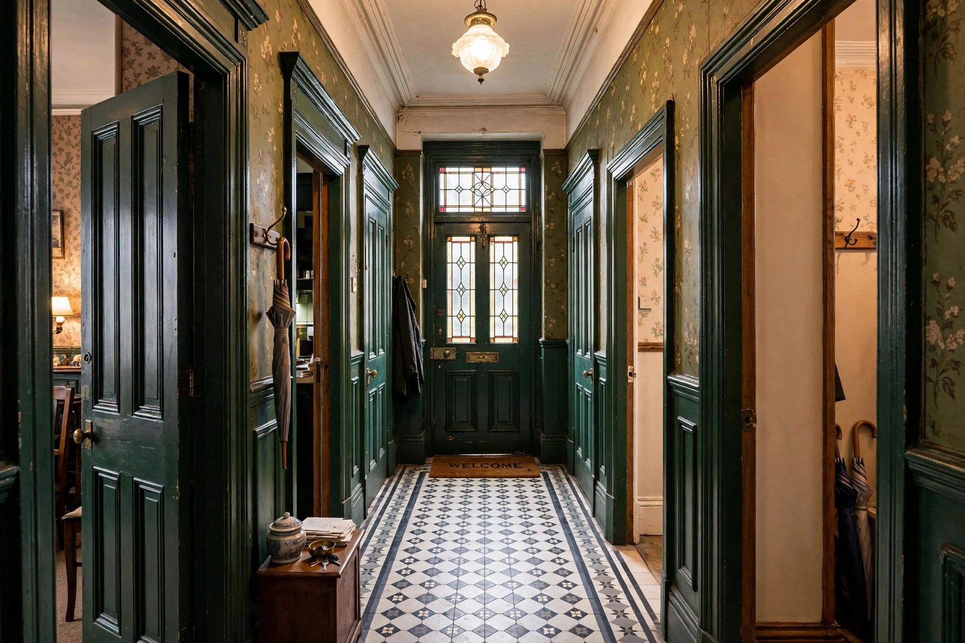 A narrow Victorian Bristol hallway with a well-fitted floor, front door mat and several doorways opening off the hall