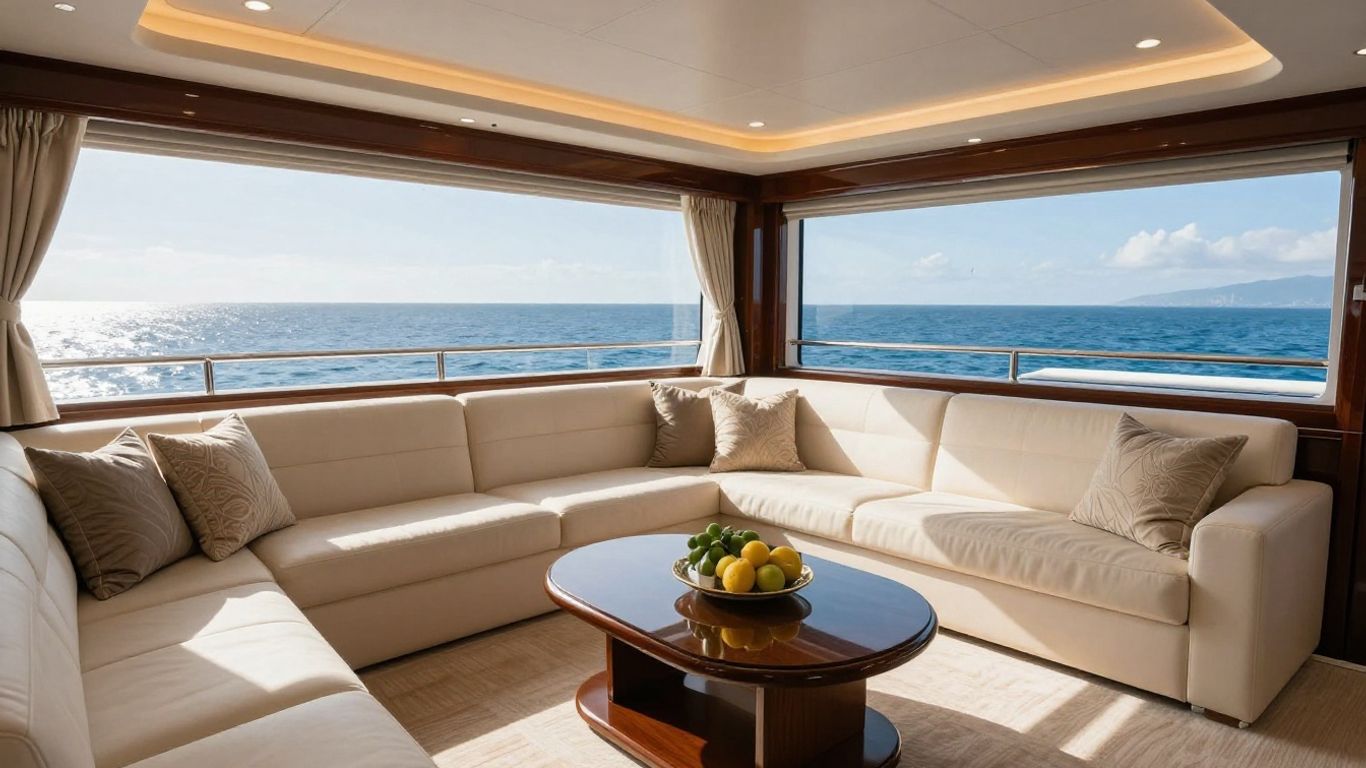 Luxurious yacht interior with ocean views.