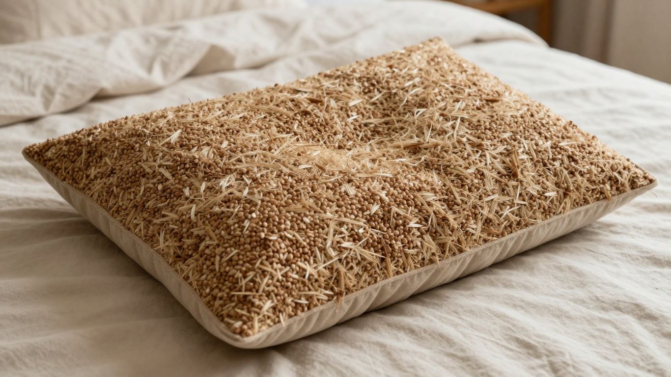 Buckwheat pillow with visible natural filling.