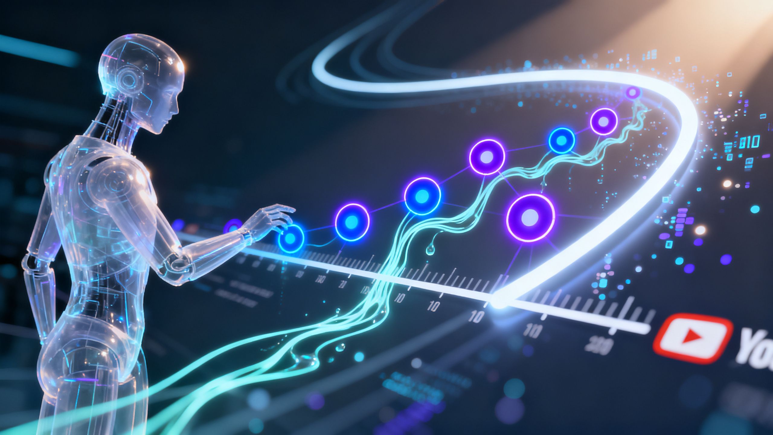 A futuristic and abstract representation of AI transforming a YouTube video timeline, with glowing nodes and data streams.