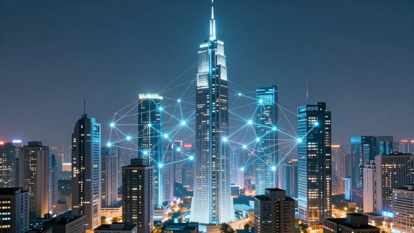 Futuristic cityscape with glowing blockchain network lines.
