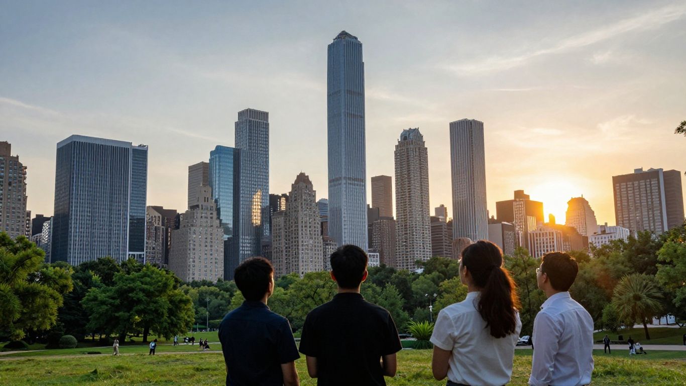 Young professionals overlooking a vibrant cityscape at sunset.