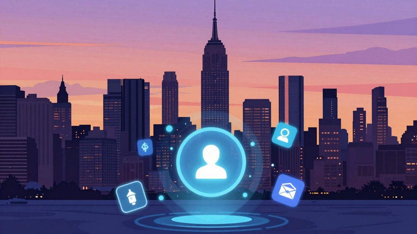 NYC skyline with social media icons, illustrative style.