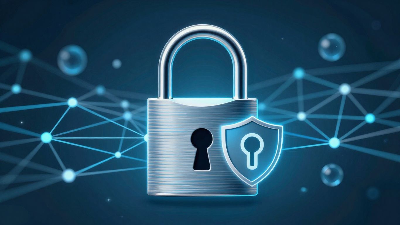 Digital lock and shield icon for cybersecurity.