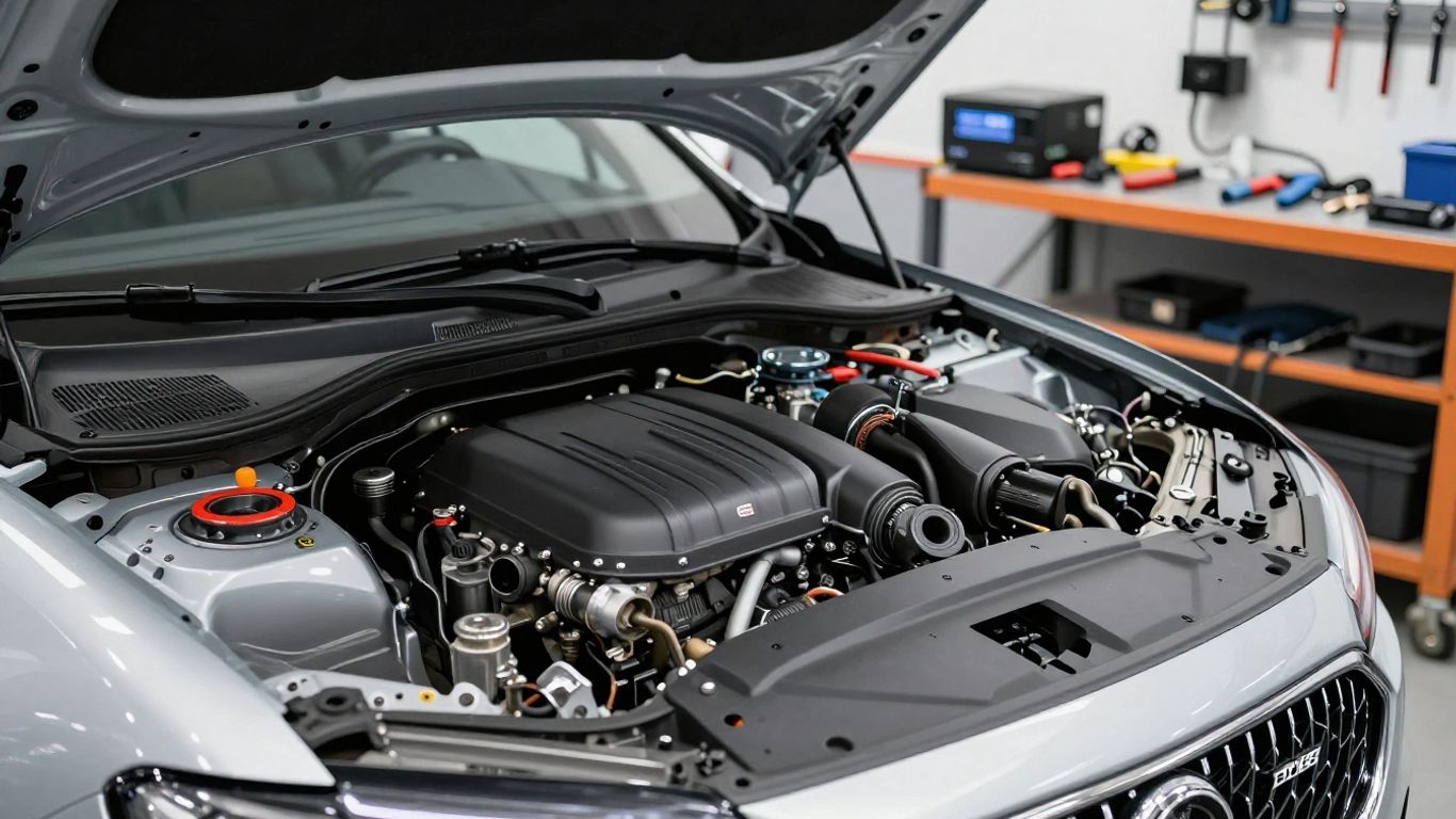 A busy garage scene with various auto parts