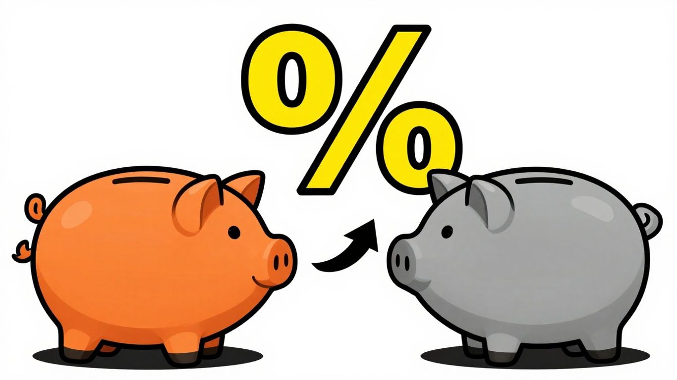 Cartoon piggy banks with a percentage sign and arrow.