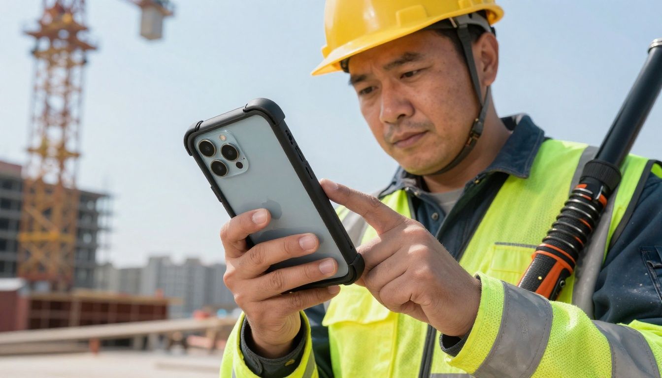 A tradie in high-vis gear checking their iPhone 16 Pro Max on a construction site, with the phone in a rugged, protective case.