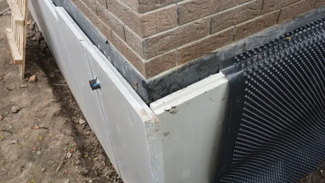 Construction of a building foundation with insulation and waterproofing materials.