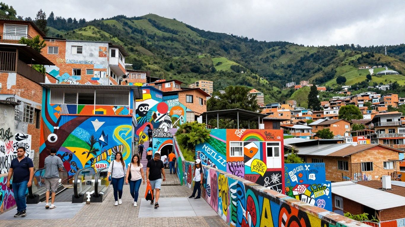 Colorful graffiti art on hillside with people on escalators.