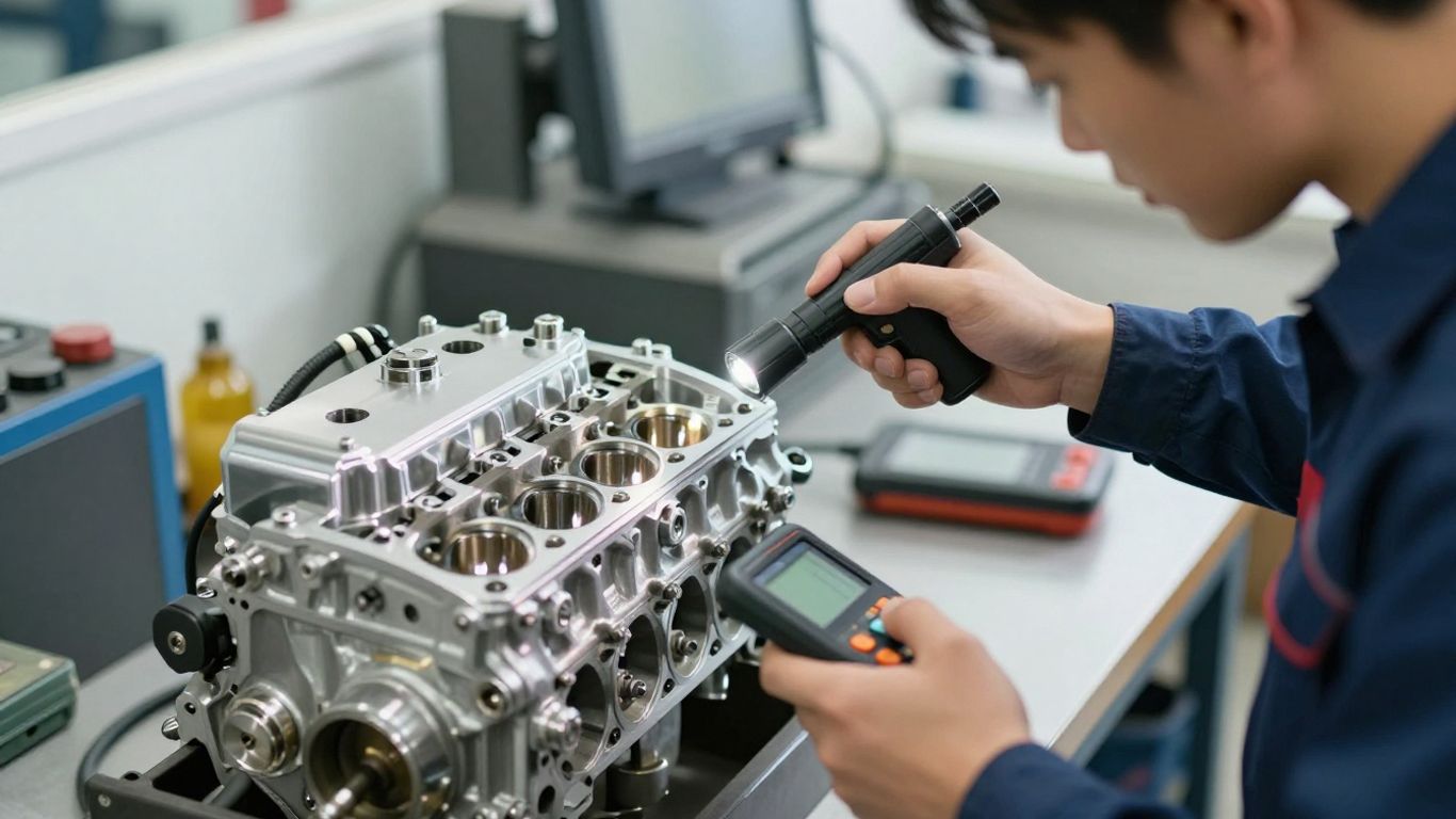 Mechanic inspecting engine parts in workshop