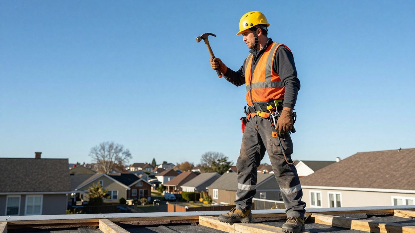 Roofer on a sunny roof with tools.