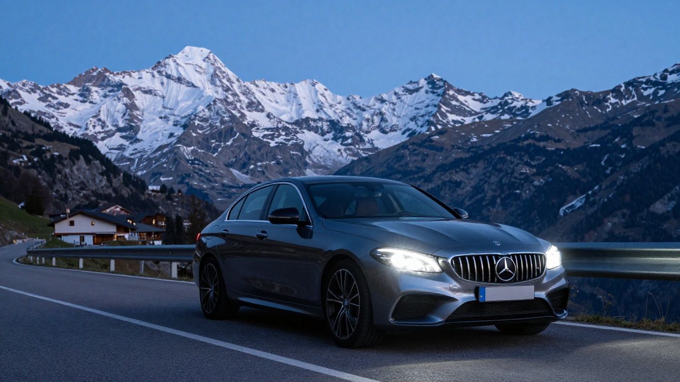 Deutscher Wagen in Schweizer Alpenlandschaft