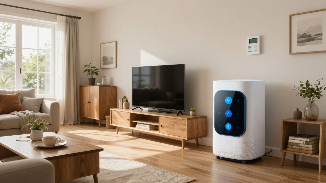 Smart home devices in a modern Airbnb living room.