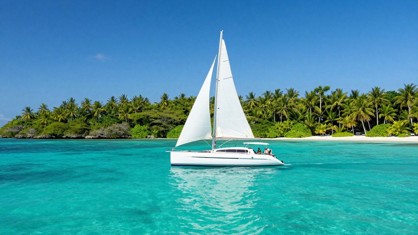 Catamaran sailing in clear turquoise waters near islands.