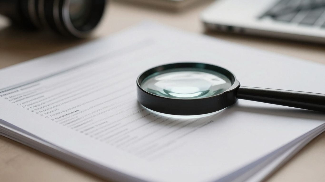 A magnifying glass over digital review documents