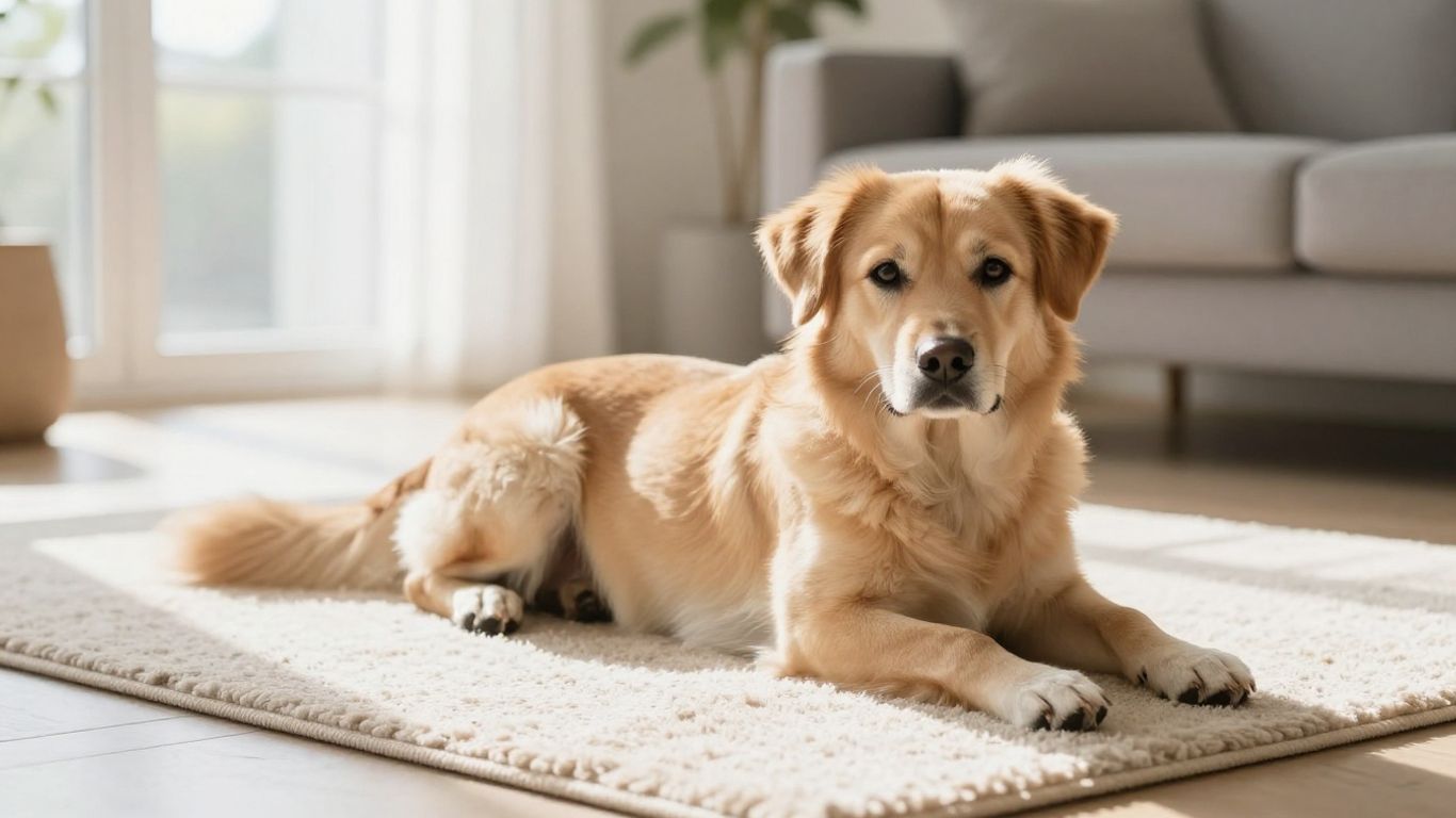 A dog lounging on a carpeted floor