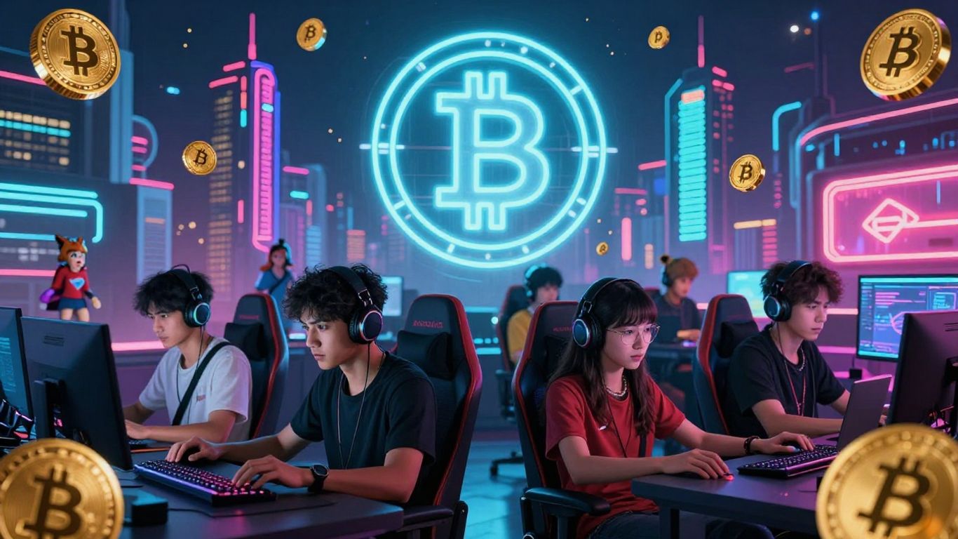 Gamers earning cryptocurrency in a futuristic digital world.