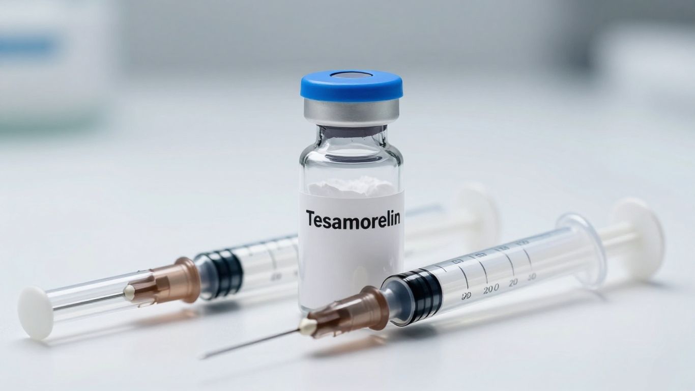 Tesamorelin vial and syringe for bodybuilding dosage.