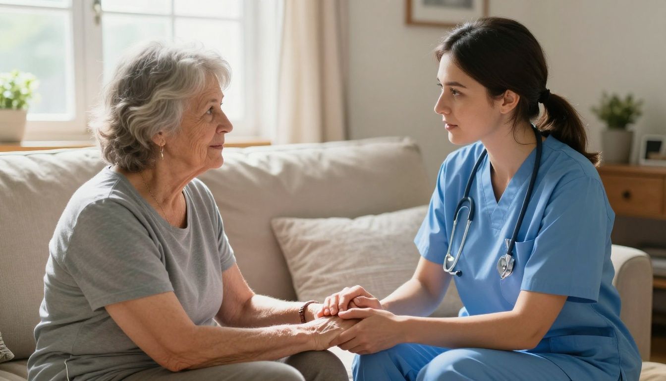 A compassionate female home care nurse sits with an elderly woman in her sunlit living room, listening intently and holding her hand.