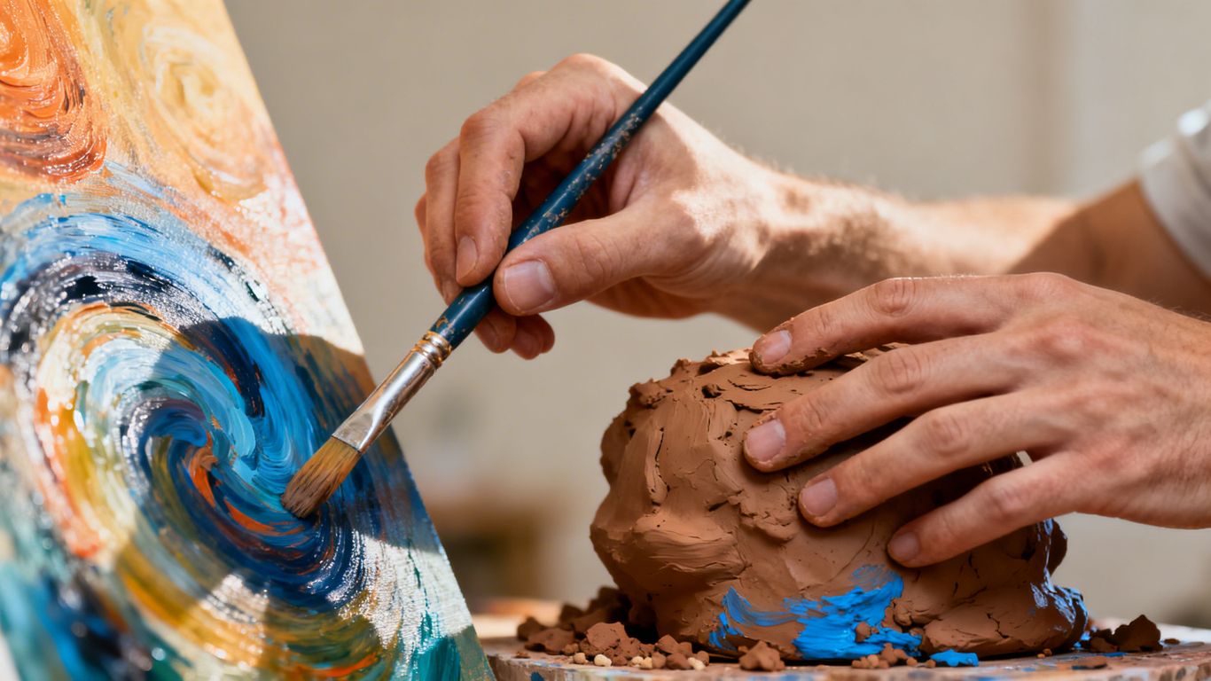 Hands creating art with paint and clay.