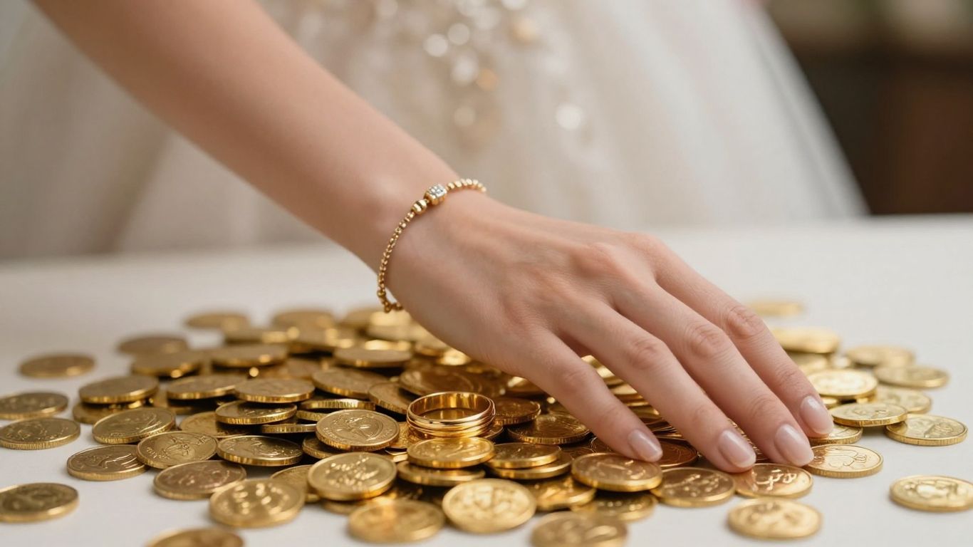 金币上镶嵌着结婚戒指，象征着投资。