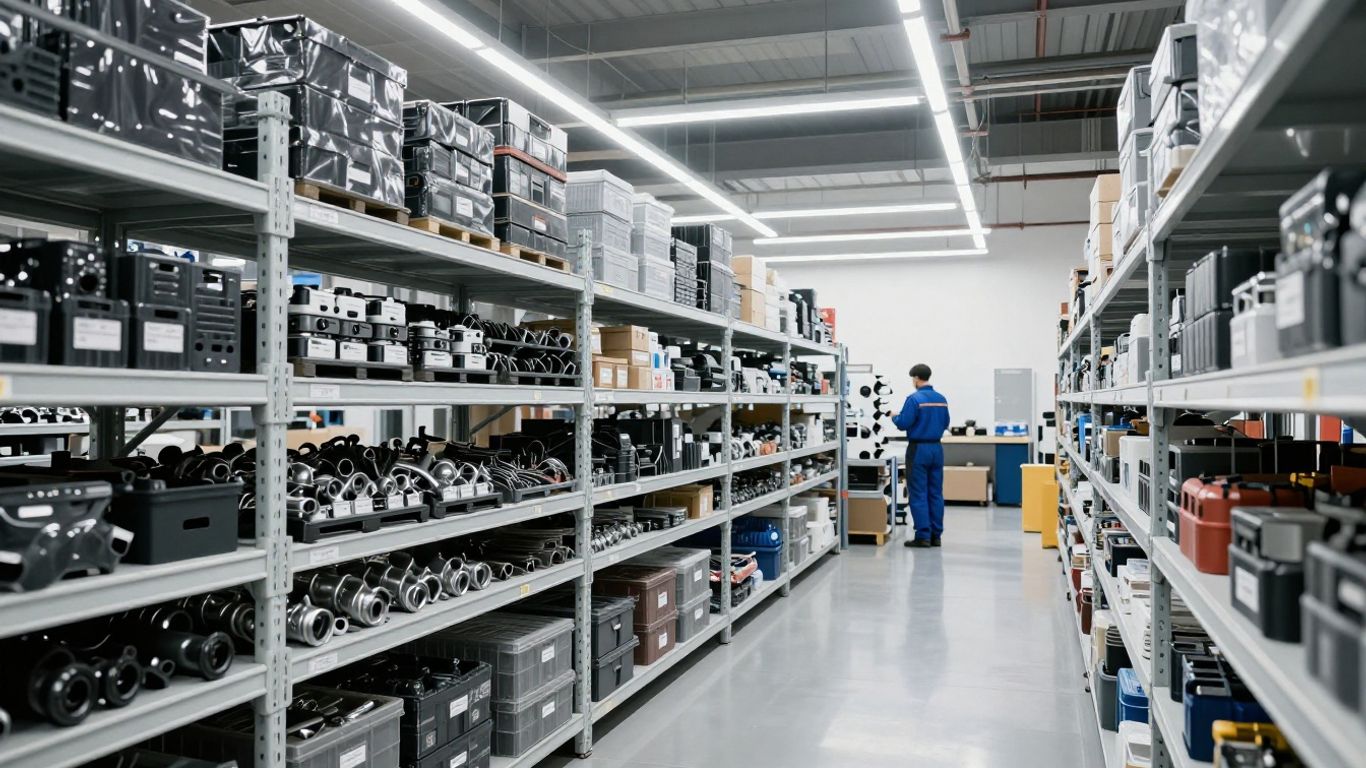 A clean organized modern auto parts warehouse interior