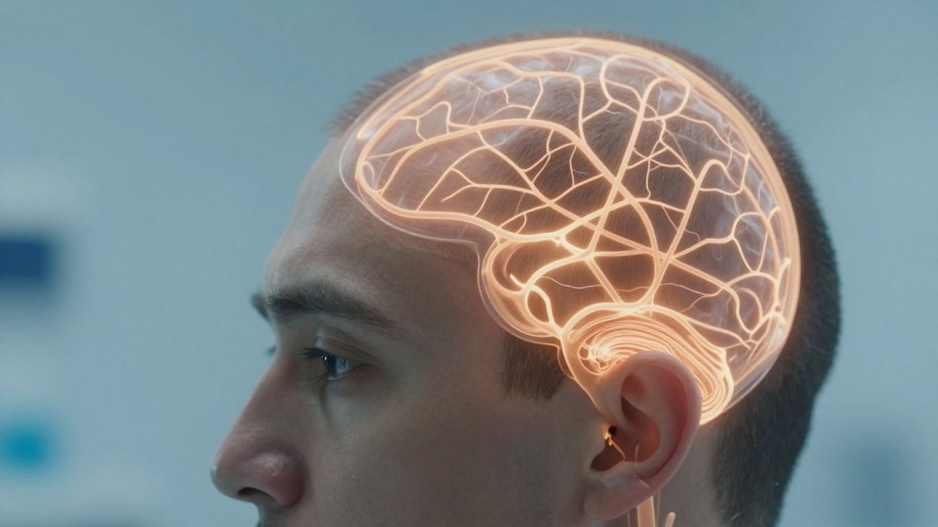 Person's head with glowing neural pathways, medical setting.