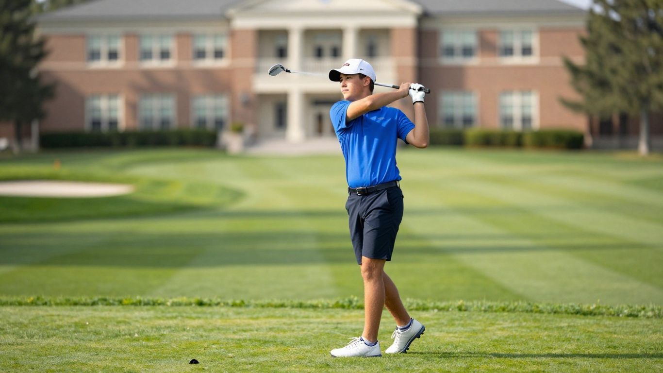 Golfer on fairway, college campus background