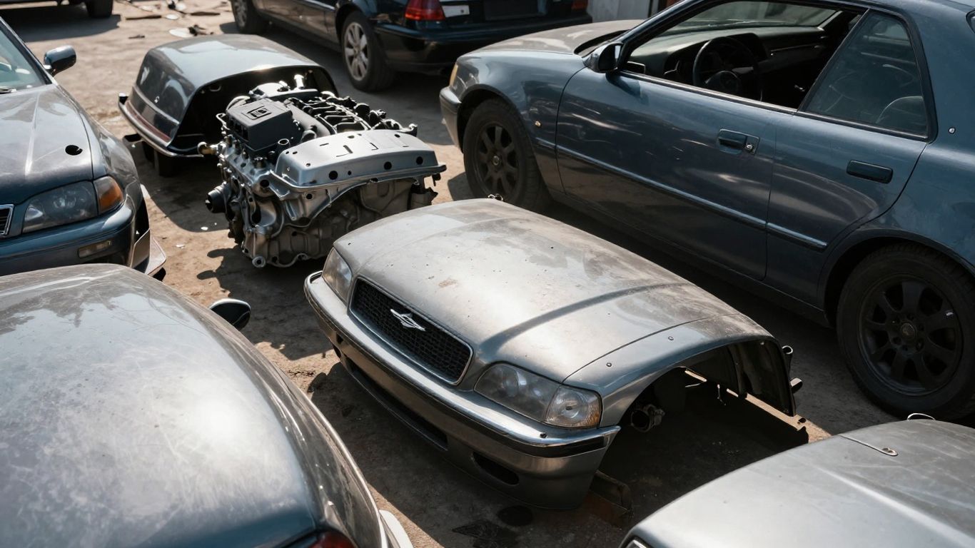 Chrysler car parts at a wrecking yard.