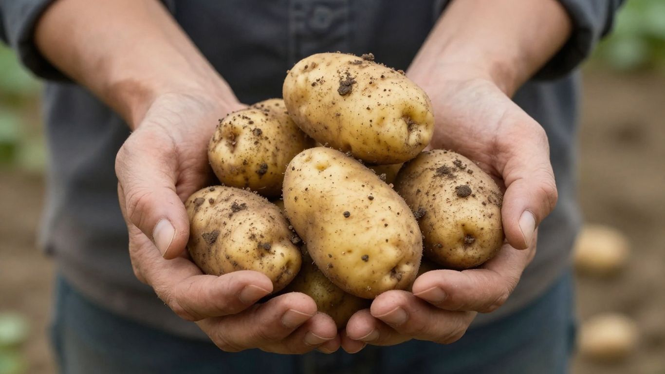 Biologische aardappelen in handen van een boer