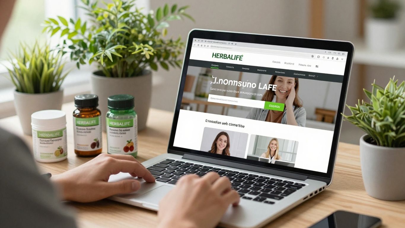 Person shopping Herbalife products online with laptop.