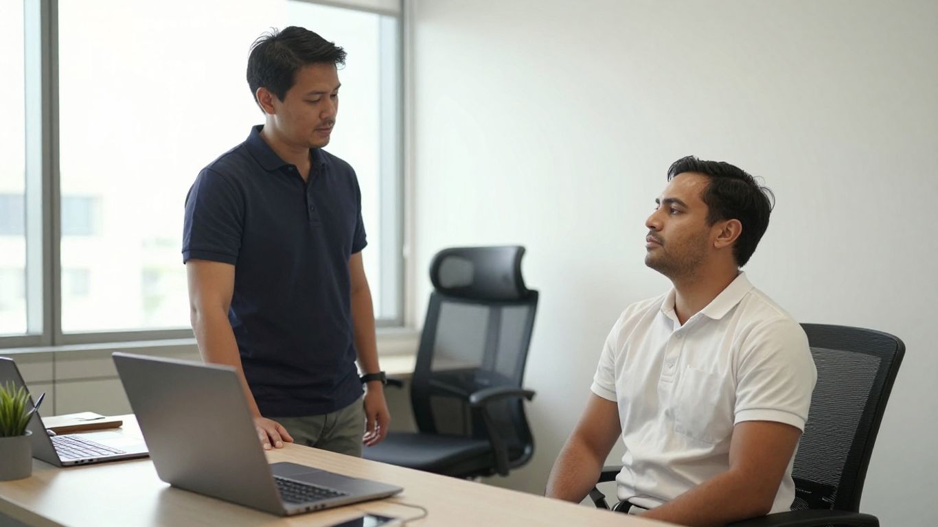 Singapore office worker completing a guided neck recovery assessment