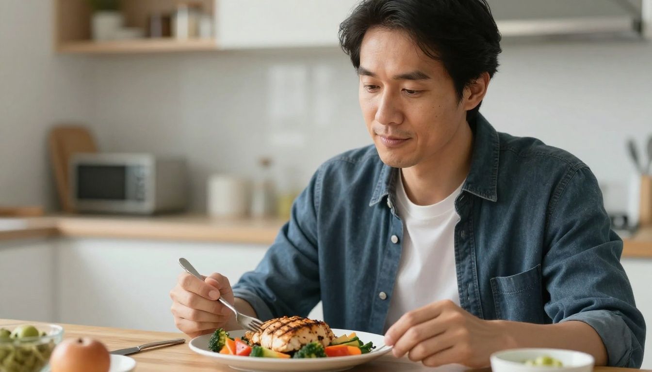 A focused man in his 40s looking thoughtfully at his healthy meal of grilled chicken and vegetables, with a kitchen background slightly blurred, representing a conscious decision about nutrition and health.