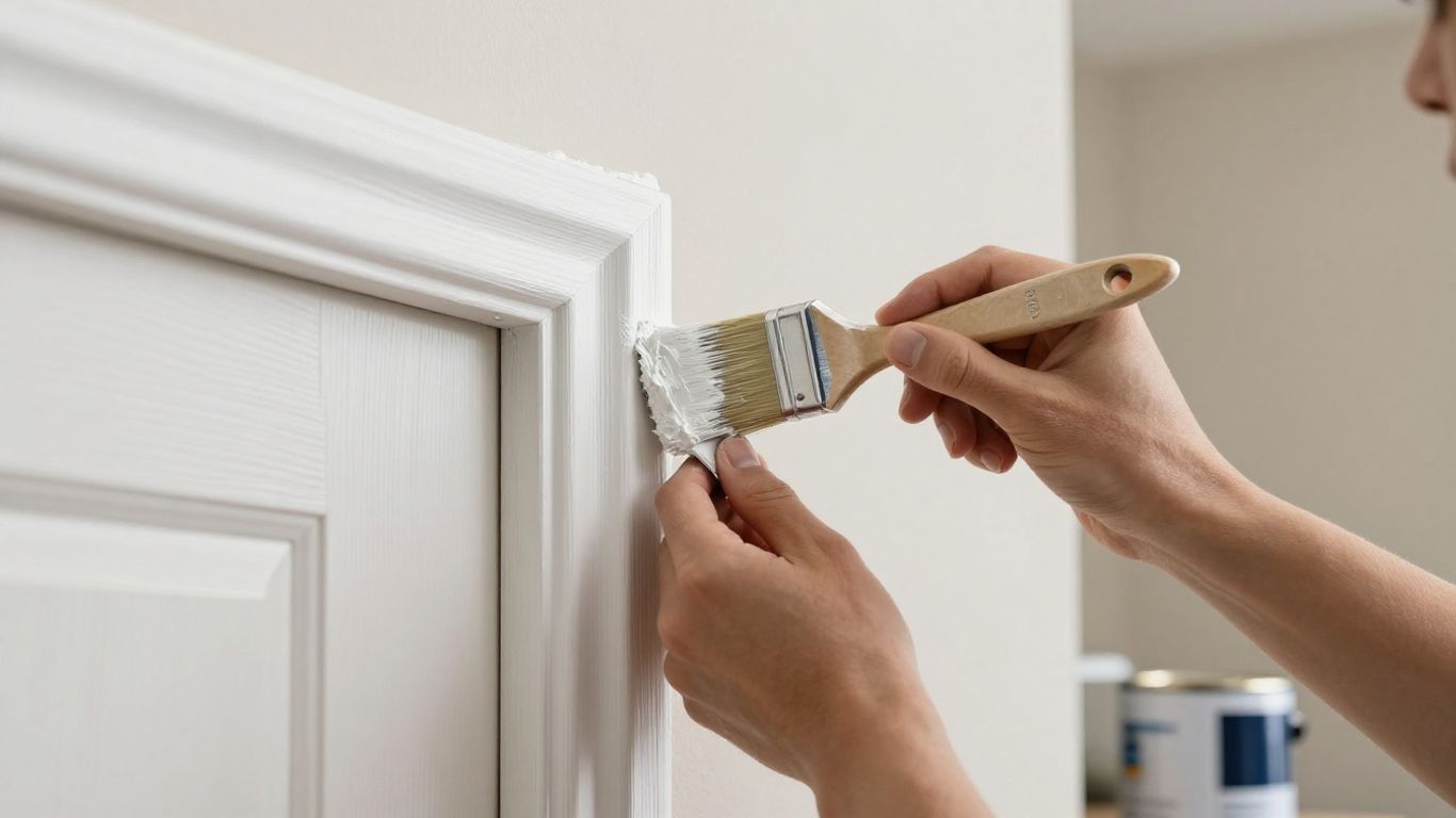 Painter applying fresh white paint to door trim.