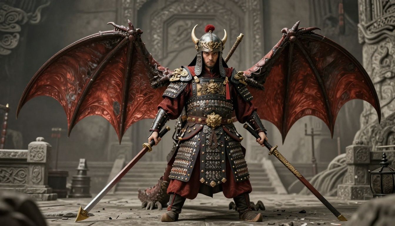 Um guerreiro em uma armadura medieval enfrentando um dragão gigantesco em uma arena de pedra escura