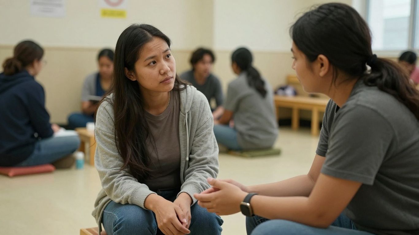 Social worker listening to homeless resident in shelter