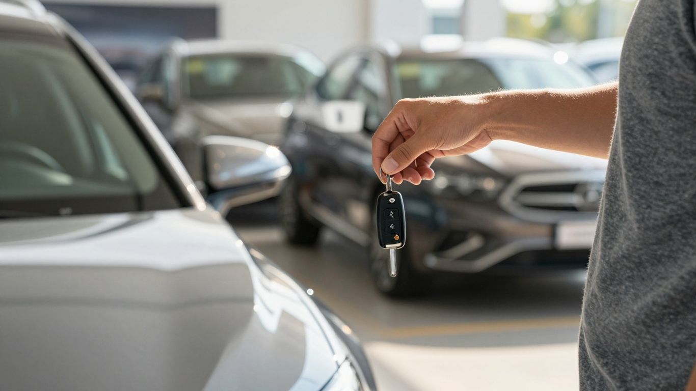 Person holding car keys in front of a new car.