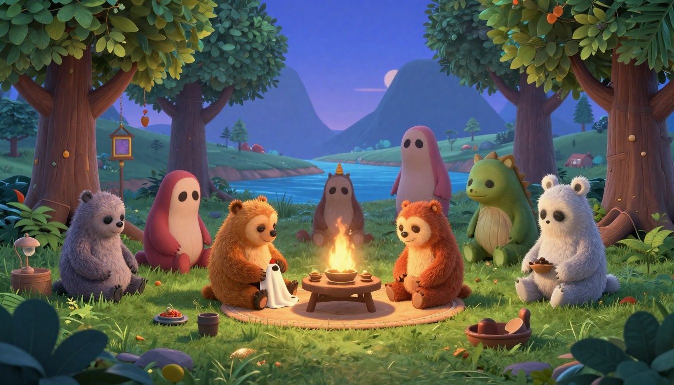 Ilha encantadora de Cozy Grove com ursos fantasmas, acampamento decorado e árvores coloridas em um cenário mobile aconchegante
