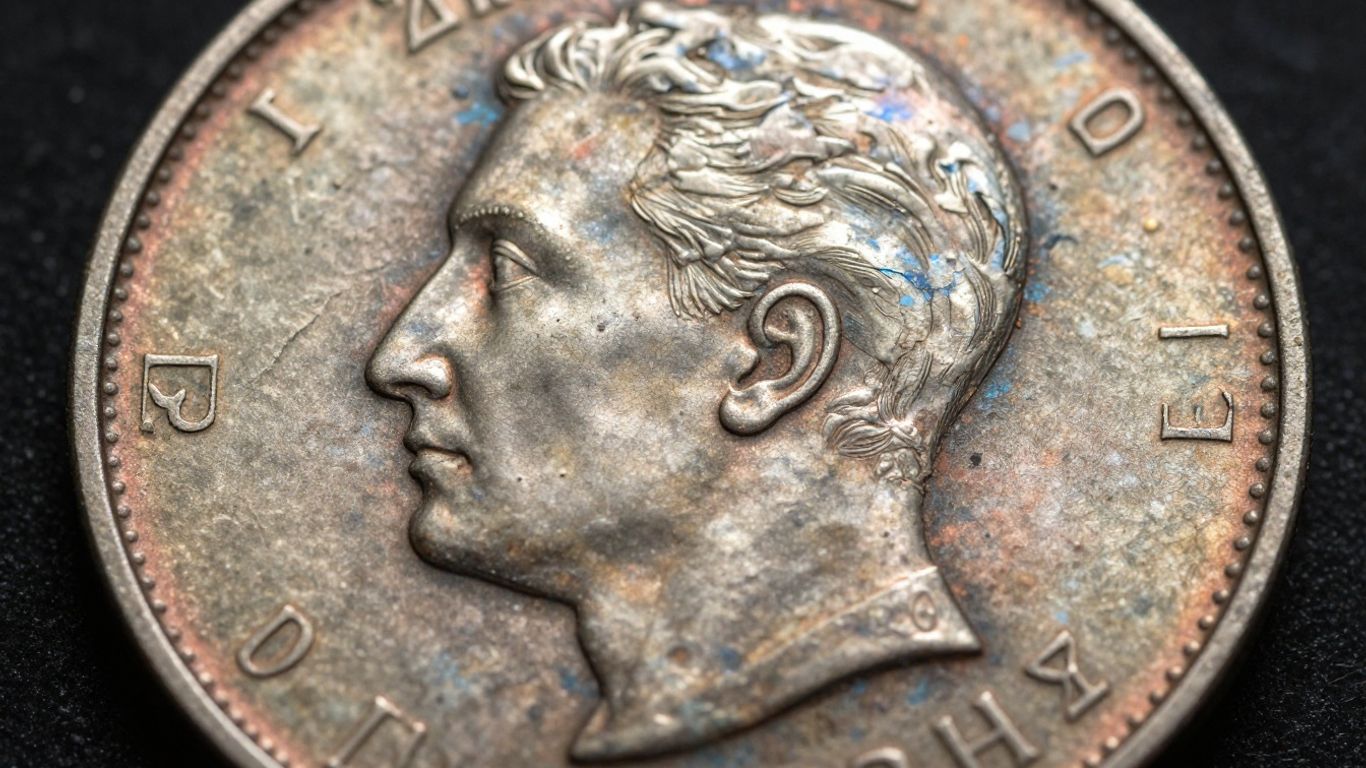 Toned silver coin with colorful patina.