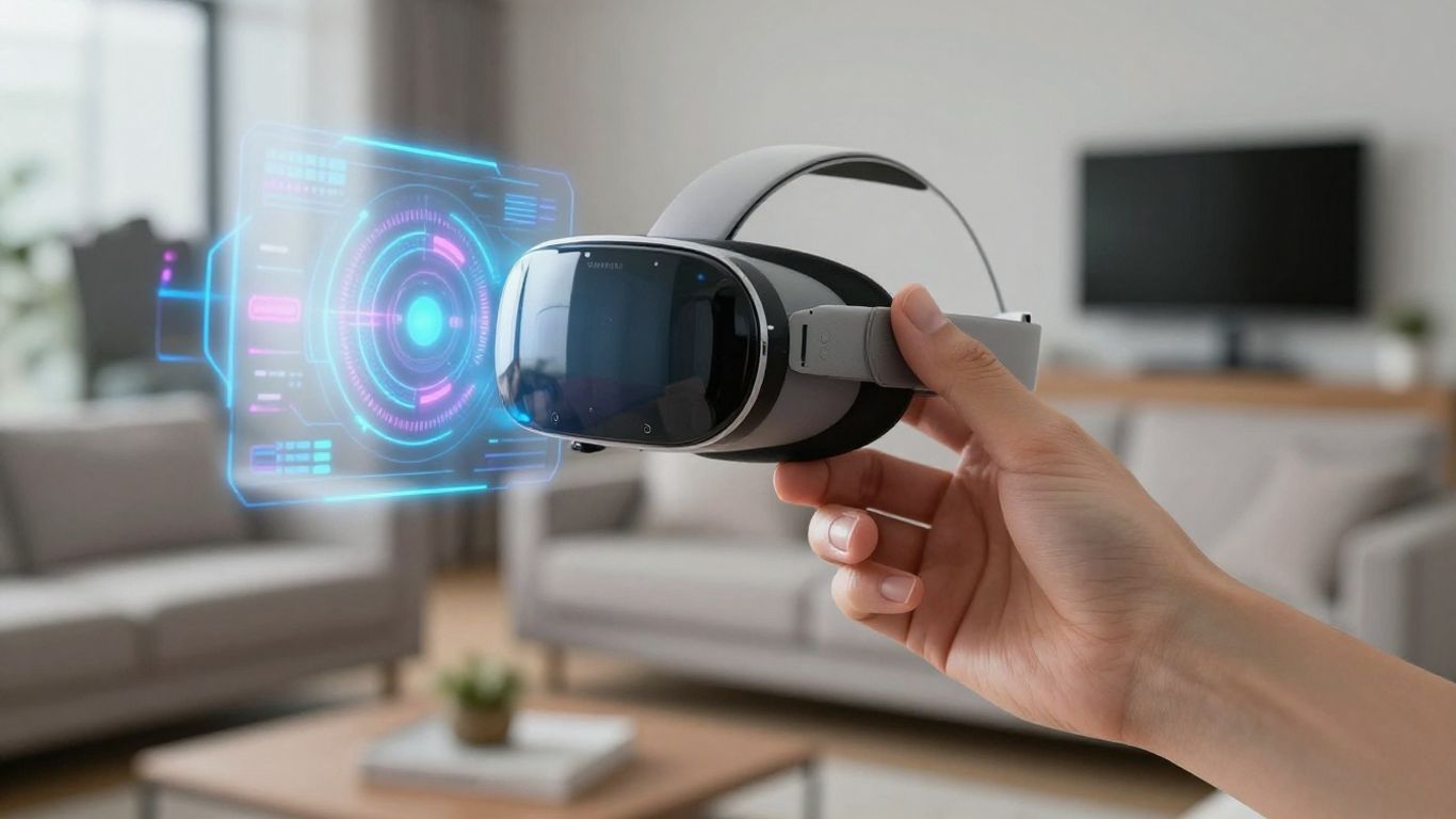 Casque de réalité augmentée futuriste projetant une interface holographique.