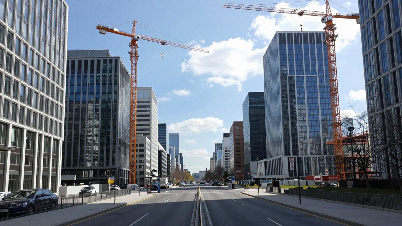 Oraș modern cu clădiri înalte și drumuri curate.