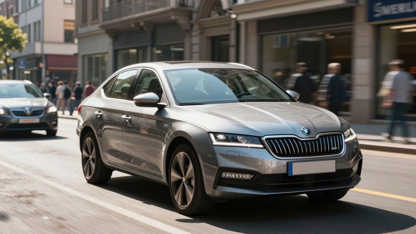Skoda car driving on a city street.