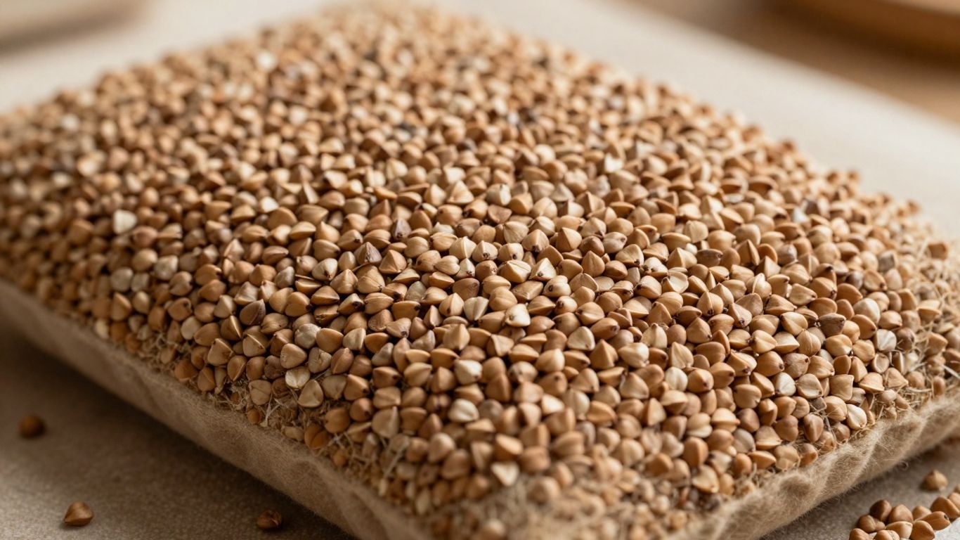 Buckwheat pillow with visible hulls, natural lighting.